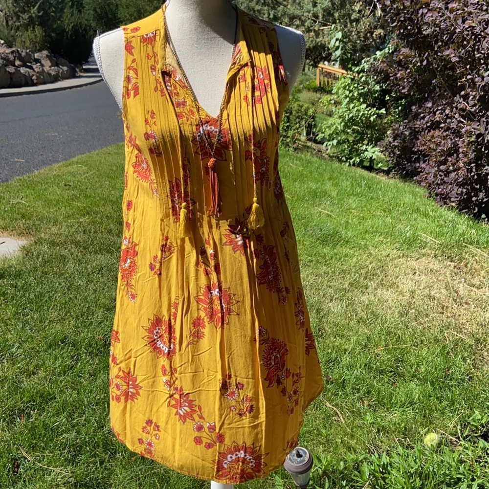 Pin-tuck Pleats Sleeveless Swing Dress Floral Sundress Fringe Tassels Boho
